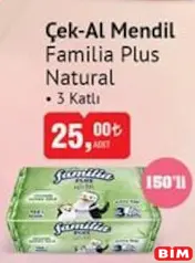 FAMİLİA PLUS NATURAL ÇEK-AL MENDİL 3 KATLI 150'Lİ